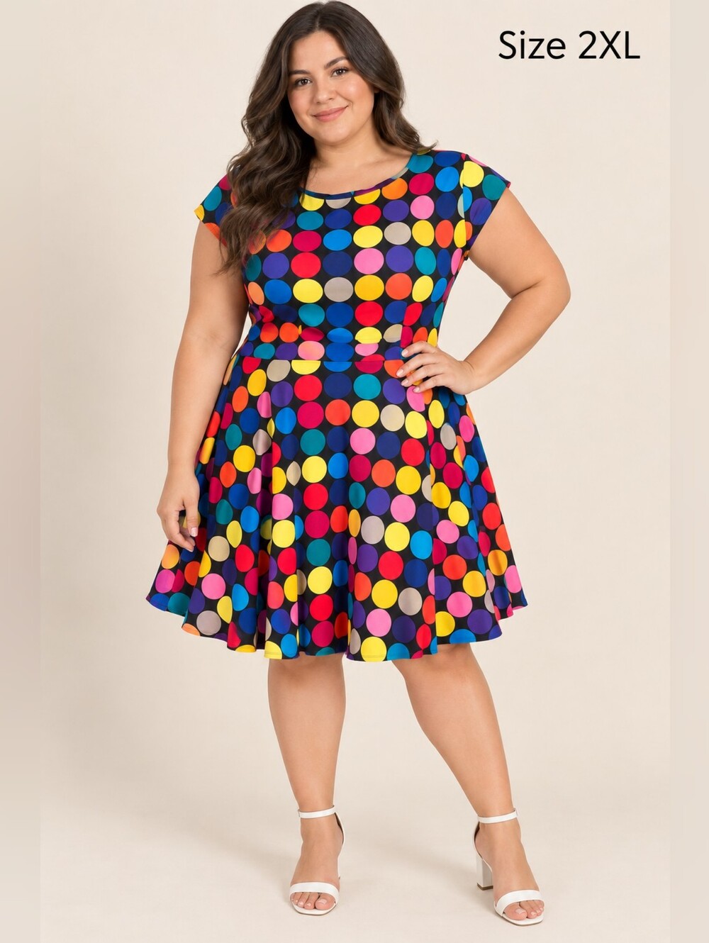 Plus Size Black Polka Dot Skater Skirt — Multicolor Dots